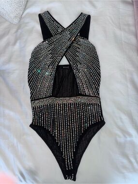 Embellished Black Cross Front Bodysuit with Rhinestones